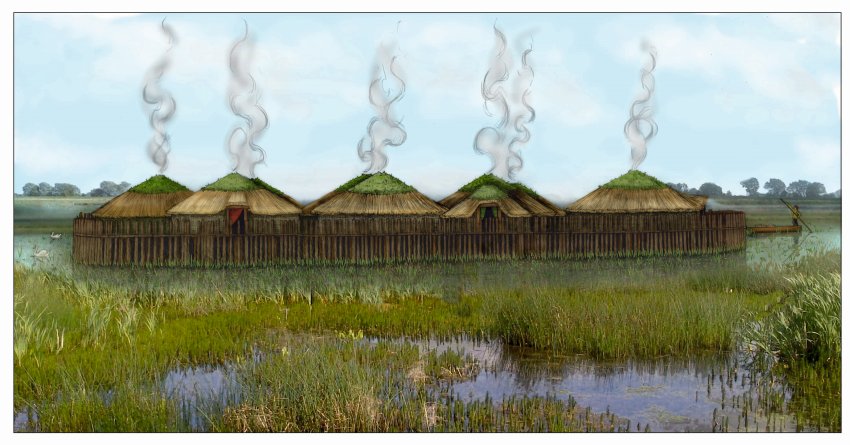 Illustration of a cluster of round buildings built on stilts over water, there is smoke rising from the tops of the conical roofs.