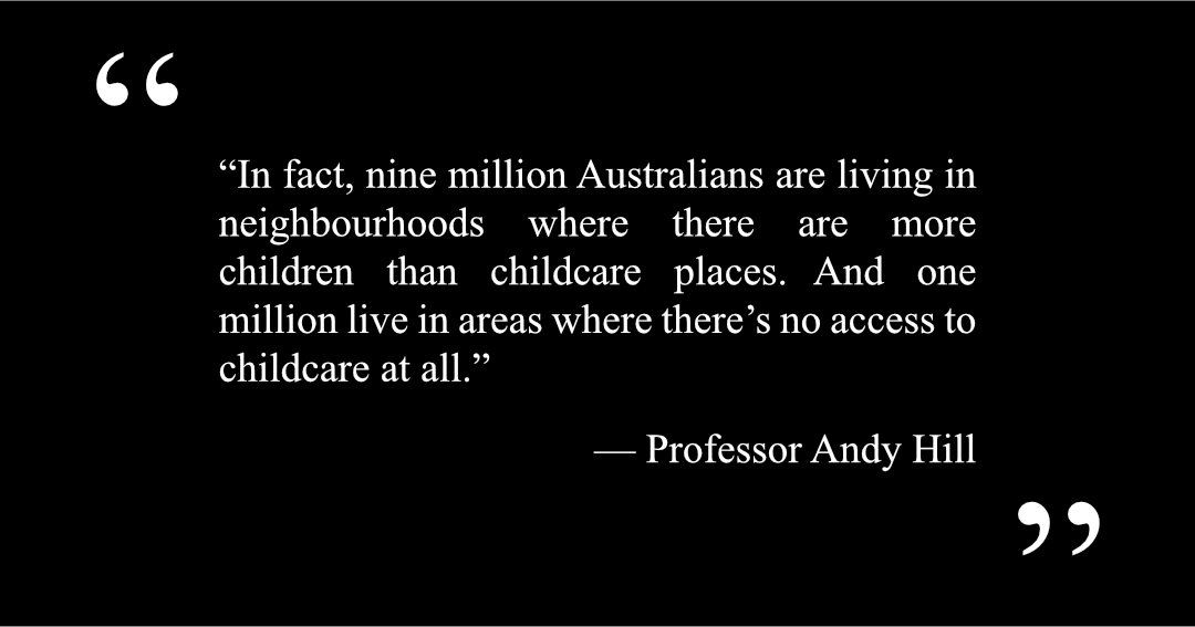 A quote from Professor Andy Hill that reads: “In fact, nine million Australians are living in neighbourhoods where there are more children than childcare places. And one million live in areas where there’s no access to childcare at all.”